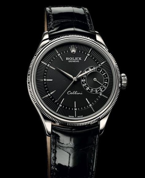Rolex Cellini Watch Replica Cellini Date 50519 White Gold - Black Dial - Alligator Strap